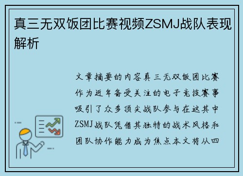 真三无双饭团比赛视频ZSMJ战队表现解析
