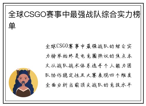 全球CSGO赛事中最强战队综合实力榜单